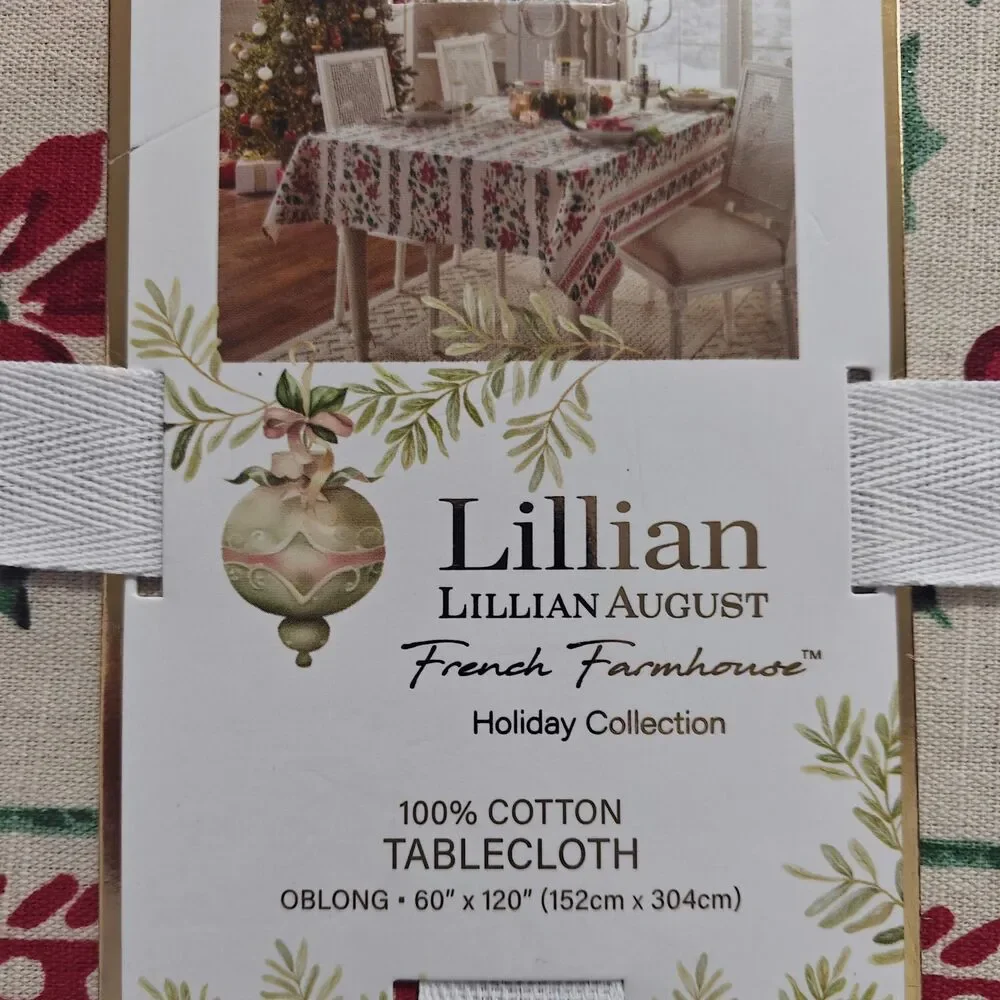 New Lillian August Cotton Tablecloth Holly Christmas Tan 60